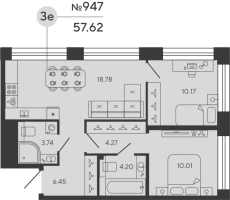 3 ккв (Евро) № 947 Дом: 5 Корп.: WOLFRAM , Секция 1  в ЖК Bashni Element