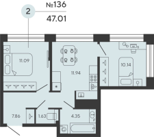 2 ккв № 136 Дом: 1 Корп.: CARBON , Секция 1  в ЖК Bashni Element