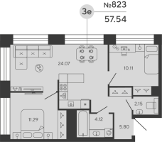 3 ккв (Евро) № 823 Дом: 4 Корп.: PLATINA , Секция 2  в ЖК Bashni Element