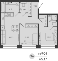 3 ккв (Евро) № 901 Дом: 5 Корп.: WOLFRAM , Секция 1  в ЖК Bashni Element