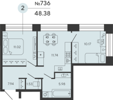 2 ккв № 736 Дом: 4 Корп.: PLATINA , Секция 1  в ЖК Bashni Element