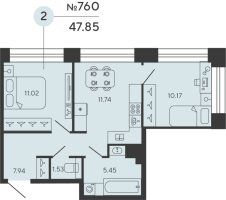 2 ккв № 760 Дом: 4 Корп.: PLATINA , Секция 1  в ЖК Bashni Element