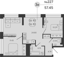 3 ккв (Евро) № 227 Дом: 1 Корп.: CARBON , Секция 2  в ЖК Bashni Element