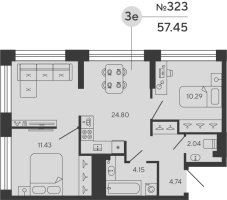 2 ккв (Евро) № 324 Дом: 1 Корп.: CARBON , Секция 2  в ЖК Bashni Element