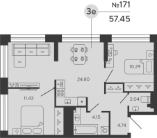 3 ккв (Евро) № 171 Дом: 1 Корп.: CARBON , Секция 2  в ЖК Bashni Element