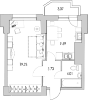 1 ккв № 7/1-4в Корп.: 2-17 , Секция 1  в ЖК Байрон