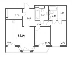3 ккв (Евро) № 22 Дом: 19 , Секция 1  в ЖК Большой, 67