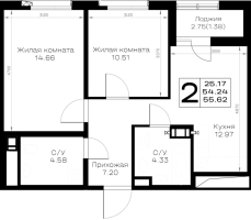 2 ккв № 492 Корп.: 1.1 , Секция 7  в ЖК Борский