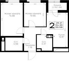 2 ккв № 452 Корп.: 1.1 , Секция 7  в ЖК Борский