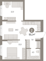 3 ккв (Евро) № 5.3.2 Корп.: 2 , Секция 5  в ЖК Брусника в Новоселье