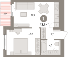 2 ккв (Евро) № 7.5.4 Корп.: 2 , Секция 7  в ЖК Брусника в Новоселье