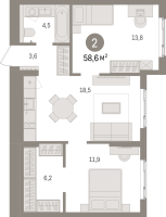 3 ккв (Евро) № 10.2.3 Корп.: 2 , Секция 10  в ЖК Брусника в Новоселье