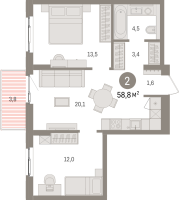 3 ккв (Евро) № 4.7.6 Корп.: 1 , Секция 4  в ЖК Брусника в Новоселье