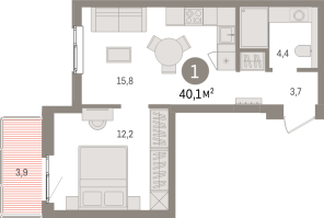 2 ккв (Евро) № 2.6.2 Корп.: 3 , Секция 2  в ЖК Брусника в Новоселье