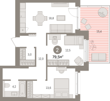 3 ккв (Евро) № 5.1.1 Корп.: 2 , Секция 5  в ЖК Брусника в Новоселье