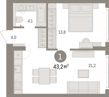 2 ккв (Евро) № 11.1.1 Корп.: 2 , Секция 11  в ЖК Брусника в Новоселье