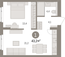 2 ккв (Евро) № 1.2.2 Корп.: 1 , Секция 1  в ЖК Брусника в Новоселье