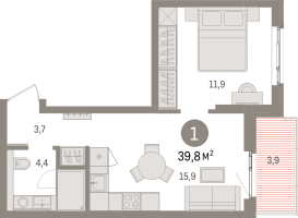 2 ккв (Евро) № 1.5.2 Корп.: 1 , Секция 1  в ЖК Брусника в Новоселье