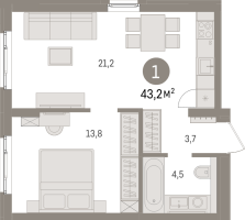 2 ккв (Евро) № 3.3.5 Корп.: 1 , Секция 3  в ЖК Брусника в Новоселье