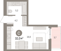 Студия № 2.6.8 Корп.: 1 , Секция 2  в ЖК Брусника в Новоселье