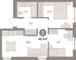 3 ккв (Евро) № 2.4.2 Корп.: 1 , Секция 2  в ЖК Брусника в Новоселье