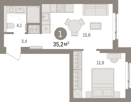 2 ккв (Евро) № 4.4.7 Корп.: 2 , Секция 4  в ЖК Брусника в Новоселье