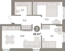 3 ккв (Евро) № 2.4.2 Корп.: 2 , Секция 2  в ЖК Брусника в Новоселье