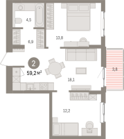 3 ккв (Евро) № 3.5.4 Корп.: 3 , Секция 3  в ЖК Брусника в Новоселье