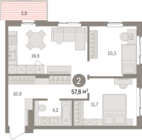 3 ккв (Евро) № 3.7.2 Корп.: 3 , Секция 3  в ЖК Брусника в Новоселье