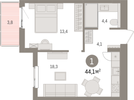 2 ккв (Евро) № 3.7.7 Корп.: 3 , Секция 3  в ЖК Брусника в Новоселье