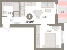 1 ккв № 6.7.7 Корп.: 2 , Секция 6  в ЖК Брусника в Новоселье