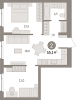 3 ккв (Евро) № 6.3.6 Корп.: 2 , Секция 6  в ЖК Брусника в Новоселье