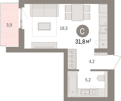 Студия № 5.5.4 Корп.: 2 , Секция 5  в ЖК Брусника в Новоселье