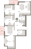 4 ккв (Евро) № 11.7.1 Корп.: 2 , Секция 11  в ЖК Брусника в Новоселье