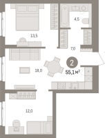 3 ккв (Евро) № 7.4.6 Корп.: 2 , Секция 7  в ЖК Брусника в Новоселье