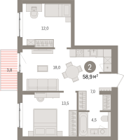 3 ккв (Евро) № 5.8.3 Корп.: 2 , Секция 5  в ЖК Брусника в Новоселье