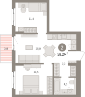 3 ккв (Евро) № 6.5.3 Корп.: 2 , Секция 6  в ЖК Брусника в Новоселье