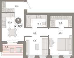 2 ккв № 13.9.2 Корп.: 2 , Секция 13  в ЖК Брусника в Новоселье