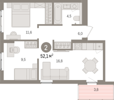 3 ккв (Евро) № 10.7.7 Корп.: 2 , Секция 10  в ЖК Брусника в Новоселье
