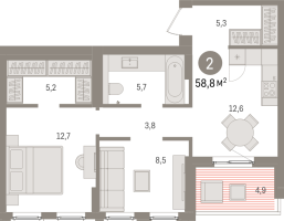 2 ккв № 12.9.3 Корп.: 2 , Секция 12  в ЖК Брусника в Новоселье