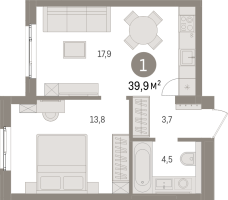 2 ккв (Евро) № 2.4.4 Корп.: 1 , Секция 2  в ЖК Брусника в Новоселье