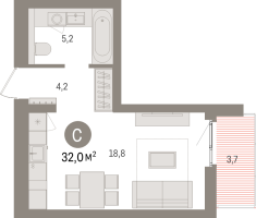 Студия № 2.5.8 Корп.: 2 , Секция 2  в ЖК Брусника в Новоселье