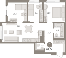 4 ккв (Евро) № 1.2.8 Корп.: 3 , Секция 1  в ЖК Брусника в Новоселье