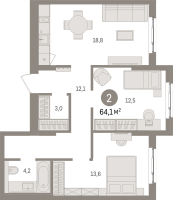 3 ккв (Евро) № 3.2.1 Корп.: 1 , Секция 3  в ЖК Брусника в Новоселье