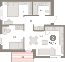 3 ккв (Евро) № 2.5.7 Корп.: 3 , Секция 2  в ЖК Брусника в Новоселье