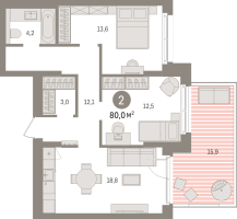 3 ккв (Евро) № 7.1.3 Корп.: 2 , Секция 7  в ЖК Брусника в Новоселье