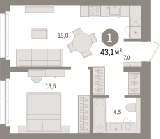 2 ккв (Евро) № 5.1.2 Корп.: 2 , Секция 5  в ЖК Брусника в Новоселье