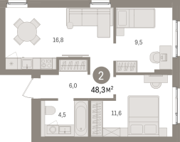 3 ккв (Евро) № 5.3.6 Корп.: 2 , Секция 5  в ЖК Брусника в Новоселье