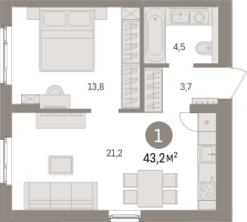 2 ккв (Евро) № 2.2.2 Корп.: 1 , Секция 2  в ЖК Брусника в Новоселье