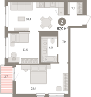 3 ккв (Евро) № 1.7.6 Корп.: 3 , Секция 1  в ЖК Брусника в Новоселье